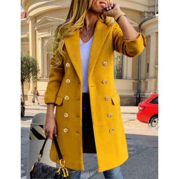 Womens Yellow Fall Winter Wool Coats Double Breasted Midi Peacoat Trench Coats - Picture 2 of 7